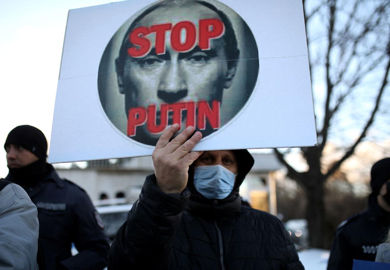 Sanctions People take part in a demonstration in front of the Russian embassy, after Russian President Vladimir Putin authorized a military operation in eastern Ukraine, Sofia, Bulgaria, February 24, 2022. REUTERS/Spasiyana Sergieva