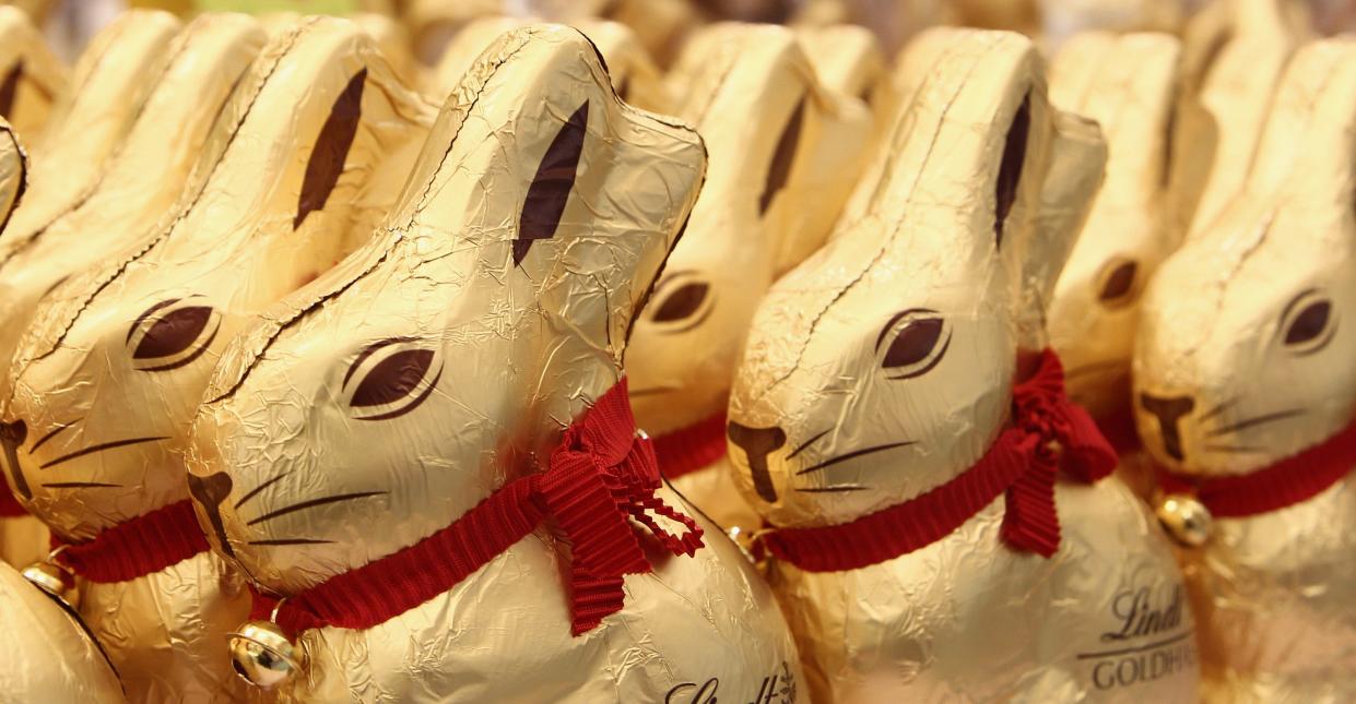 A group of gold-wrapped chocolate Easter bunnies