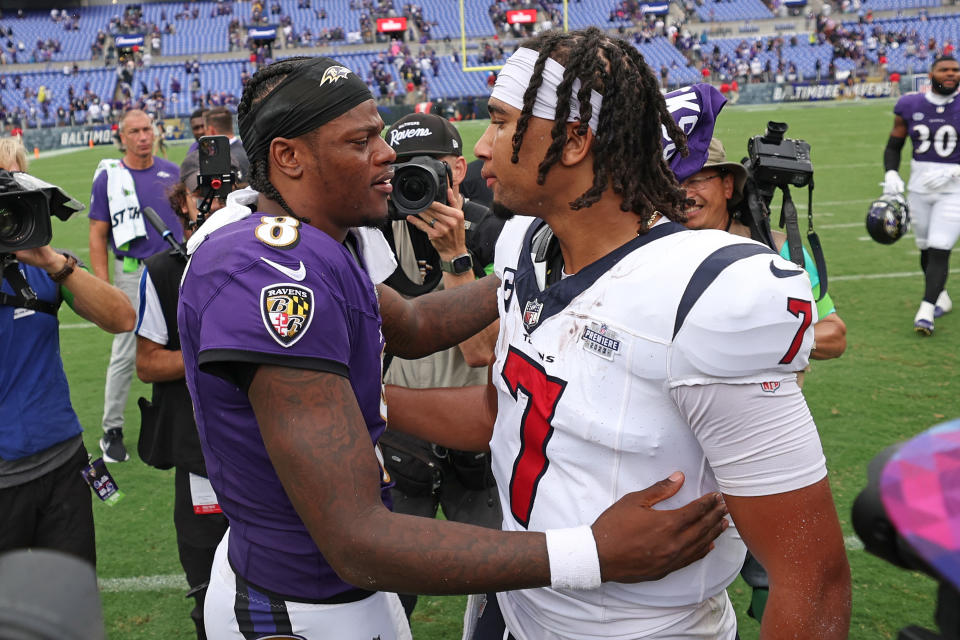 Lamar Jackson of the Baltimore Ravens and C.J. Stroud of the Houston Texans will meet again in the divisional round. (Photo by Patrick Smith/Getty Images)