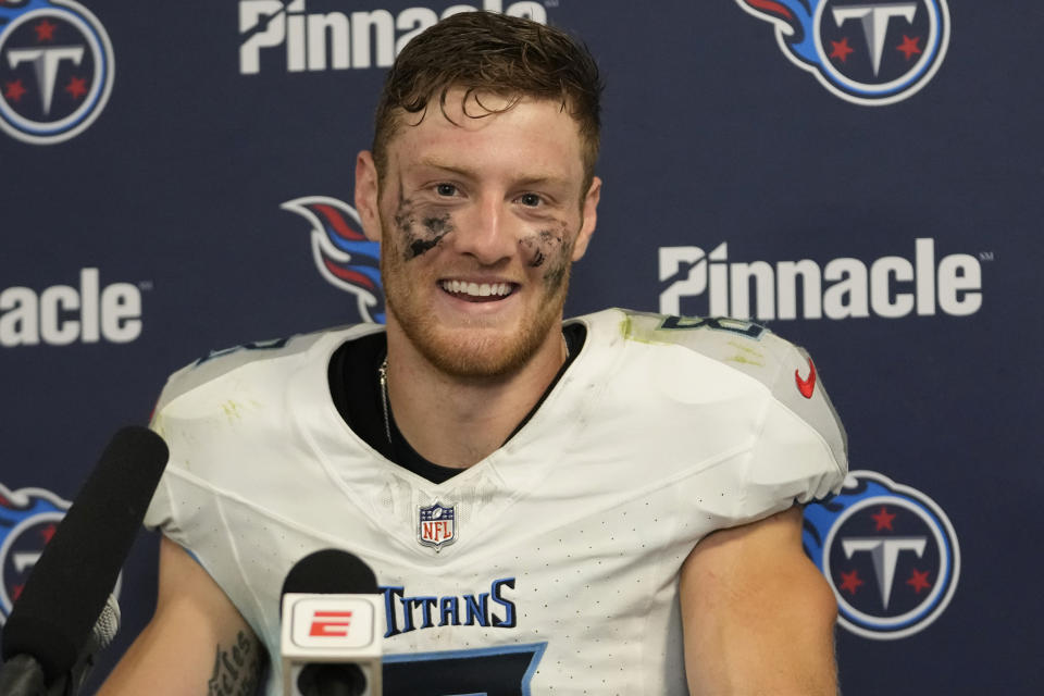 Tennessee Titans quarterback Will Levis smiles during a news conference following an NFL football game against the Miami Dolphins, Tuesday, Dec. 12, 2023, in Miami. The Titans defeated the Dolphins 28-27. (AP Photo/Lynne Sladky)