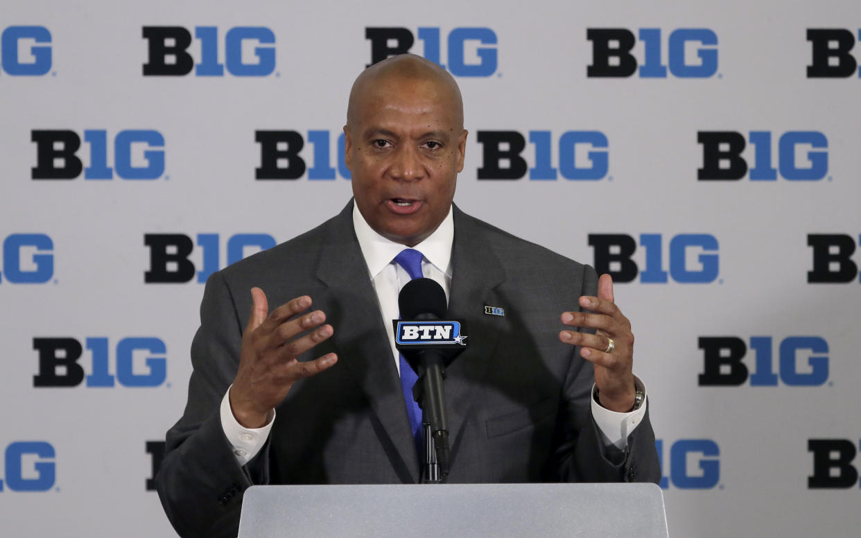 Minnesota Vikings chief operating officer Kevin Warren talks to reporters after being named Big Ten Conference Commissioner during a news conference Tuesday, June 4, 2019, in Rosemont, Ill. (AP Photo/Charles Rex Arbogast)