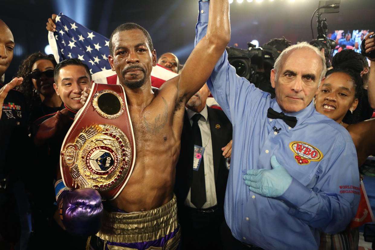 KISSIMMEE, FL - MAY 25: Jamel Herring celebrates his victory over du Masayuki Ito during the WBO World Title fight at Osceola Heritage Park on May 25, 2019 in Kissimmee, Florida. (Photo by Alex Menendez/Getty Images)