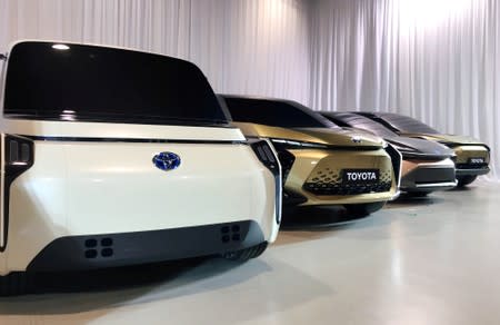 FILE PHOTO: Toyota Motor displays concept versions of its next-generation electric vehicles at a news briefing in Tokyo