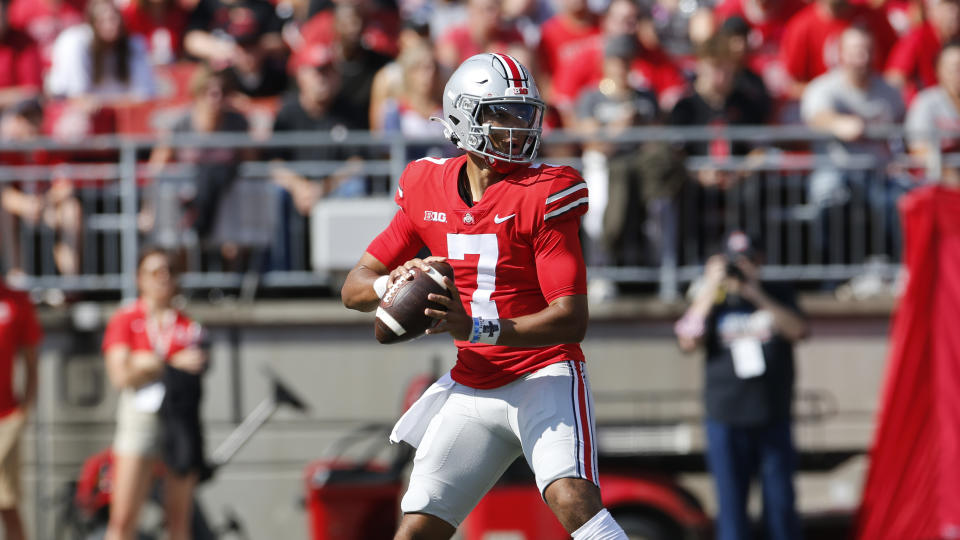 Ohio State quarterback C.J. Stroud plays against Maryland during an NCAA college football game Saturday, Oct. 9, 2021, in Columbus, Ohio. (AP Photo/Jay LaPrete)