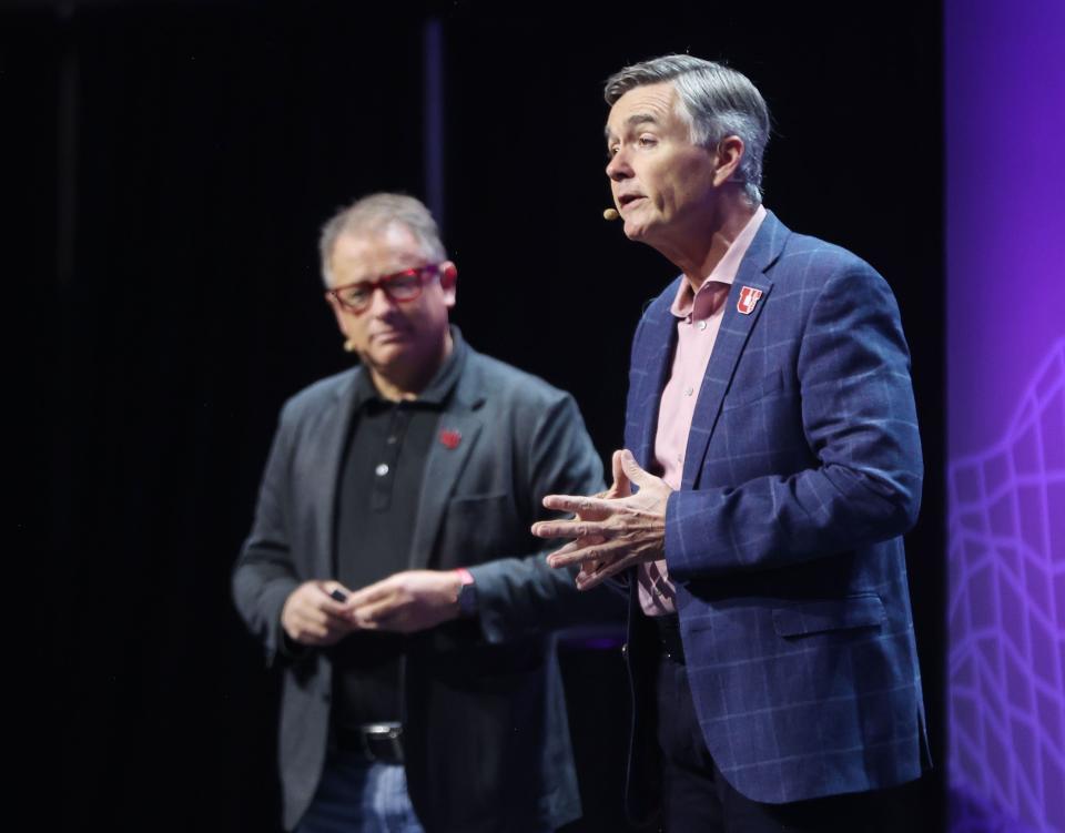 University of Utah President Taylor Randall and Dr. Michael Good, CEO of University of Utah Health, speak during the eighth annual Silicon Slopes Summit at the Delta Center in Salt Lake City on Wednesday, Sept. 27, 2023. | Jeffrey D. Allred, Deseret News