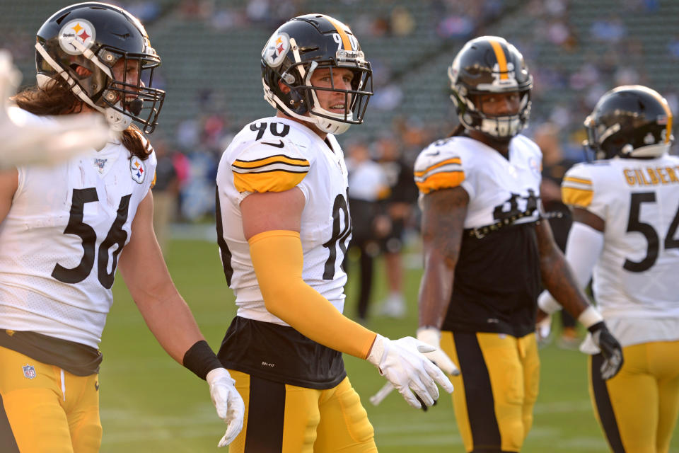 Pittsburgh Steelers linebacker Anthony Chickillo (56) outside linebacker T.J. Watt (90) outside linebacker Bud Dupree (48) and linebacker Ulysees Gilbert (54)