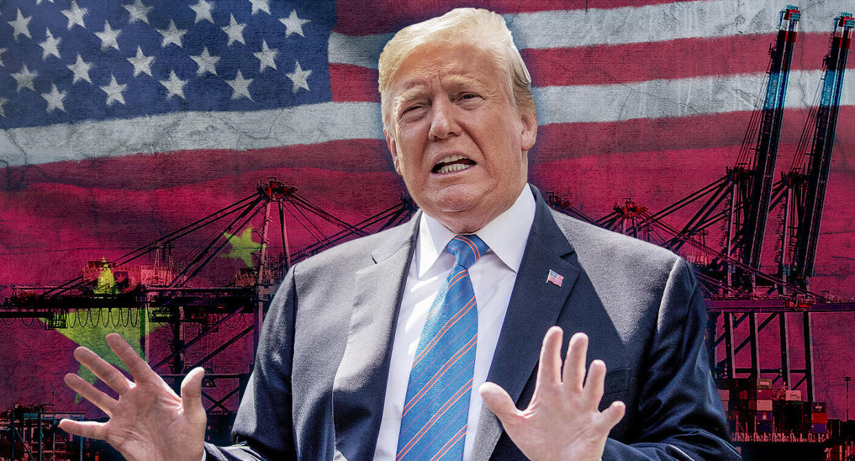 President Donald Trump speaks to members of the media on the South Lawn of the White House in Washington, Tuesday, May 14, 2019. (Yahoo News photo Illustration; photos: Andrew Harnik/AP, Steve Helber/AP, Getty Images)