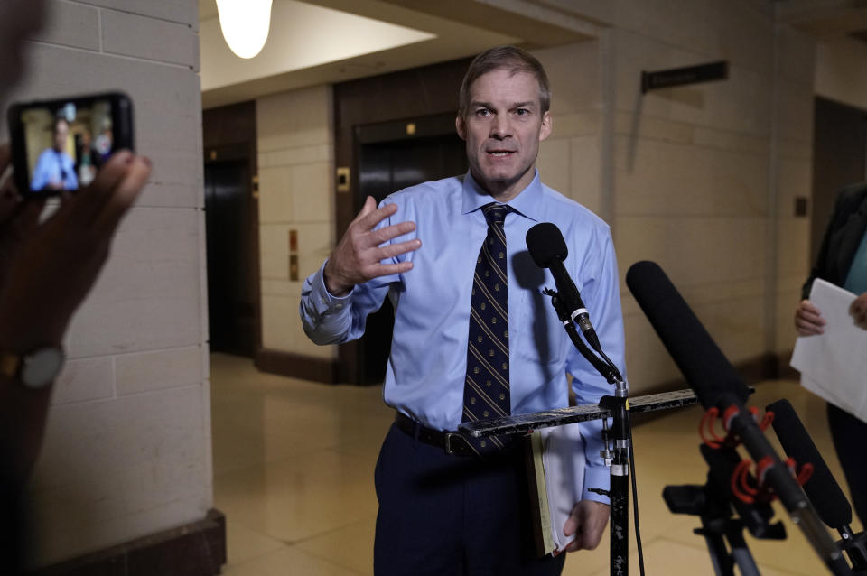 Rep. Jim Jordan, R-Ohio, the ranking member of the Committee on Oversight Reform, and an ally of President Donald Trump, speaks to reporters after witnesses defied a subpoena to appear before House impeachment investigators following Trump's orders not to cooperate with the probe, in Washington, Monday, Nov. 4, 2019. (AP Photo/J. Scott Applewhite)