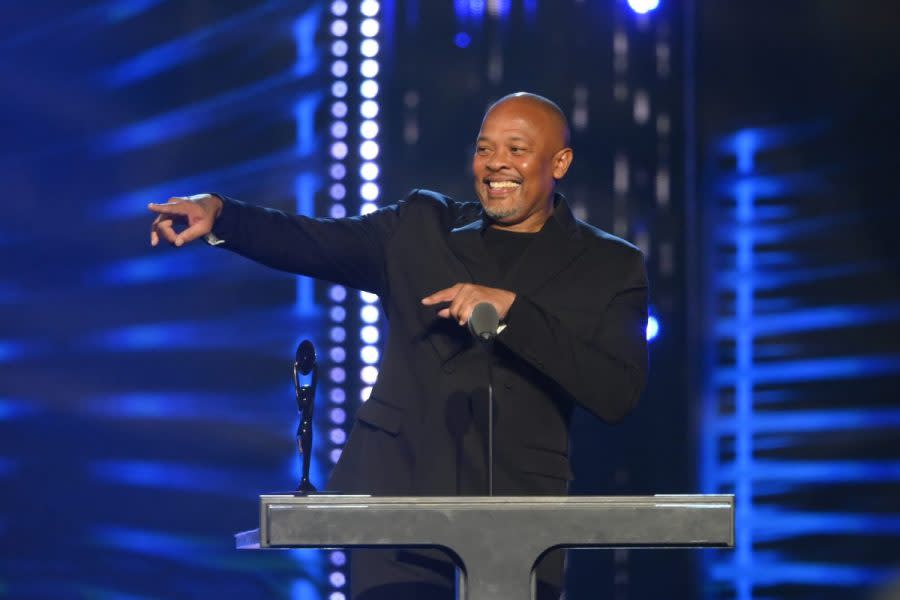 Dr. Dre, presenter for LL Cool J, speaks during the Rock & Roll Hall of Fame induction ceremony, Saturday, Oct. 30, 2021, in Cleveland. (AP Photo/David Richard, File)