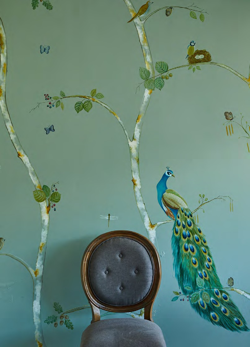 A closer look at the hand-painted wallpaper in the dining room; its vintage botanical art is a tribute to the flora and fauna of Himachal Pradesh.