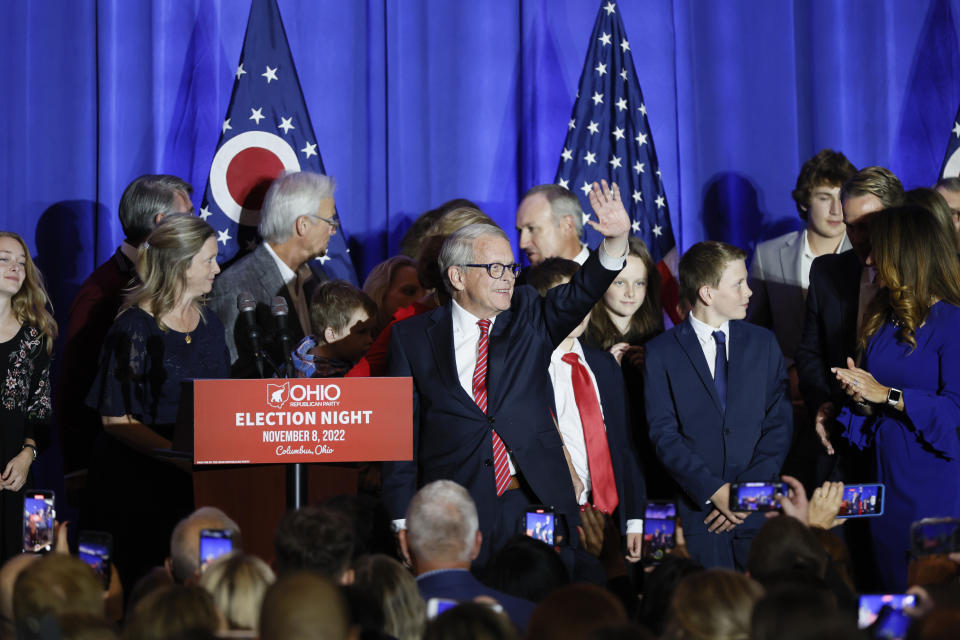 Republican Ohio Gov. Mike DeWine waves as he walks on stage during an election night watch party Tuesday, Nov. 8, 2022, in Columbus, Ohio. (AP Photo/Jay LaPrete)