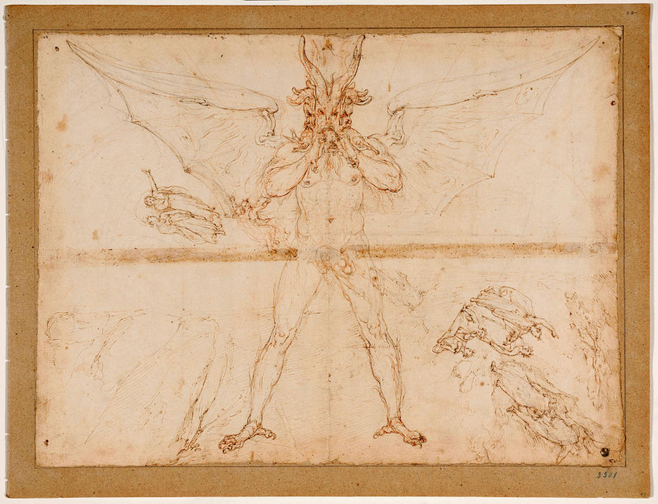 This image made available on Thursday, Dec. 31, 2020, shows Lucifer, one of the original 88 drawings that went with Dante Alighieri’s Divine Comedy by artist Federico Zuccari. Florence’s Uffizi Gallery is making available for viewing online 88 rarely displayed drawings of Dante’s Divine Comedy to mark the 700th anniversary in 2021 of the famed Italian poet’s death. The virtual show of high-resolution images of works by the 16th Century Renaissance artist Federico Zuccari will be accessible from Friday “for free, any hour of the day, for everyone,’’ said Uffizi director Eike Schmidt. (Roberto Palermo/Uffizi Gallery via AP)