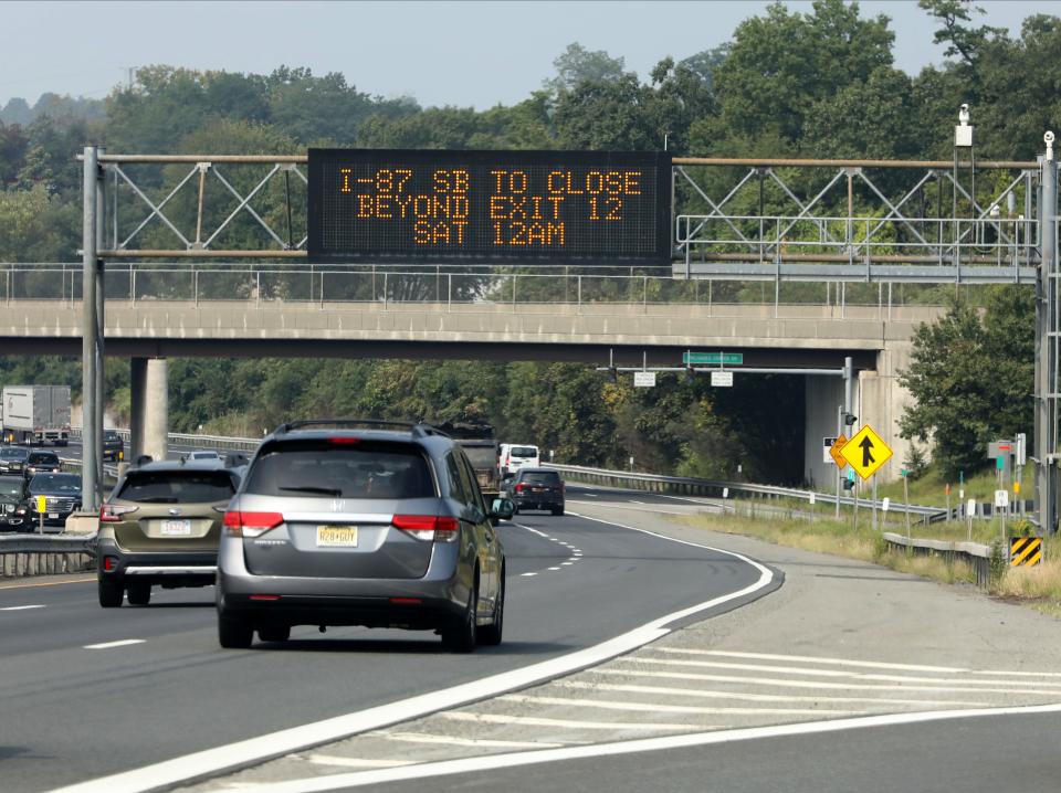 A digital sign in West Nyack on the New York State Thruway, pictured Sept. 8, 2023, indicates that the southbound lanes will close at midnight. (Mark Vergari/The Journal News)