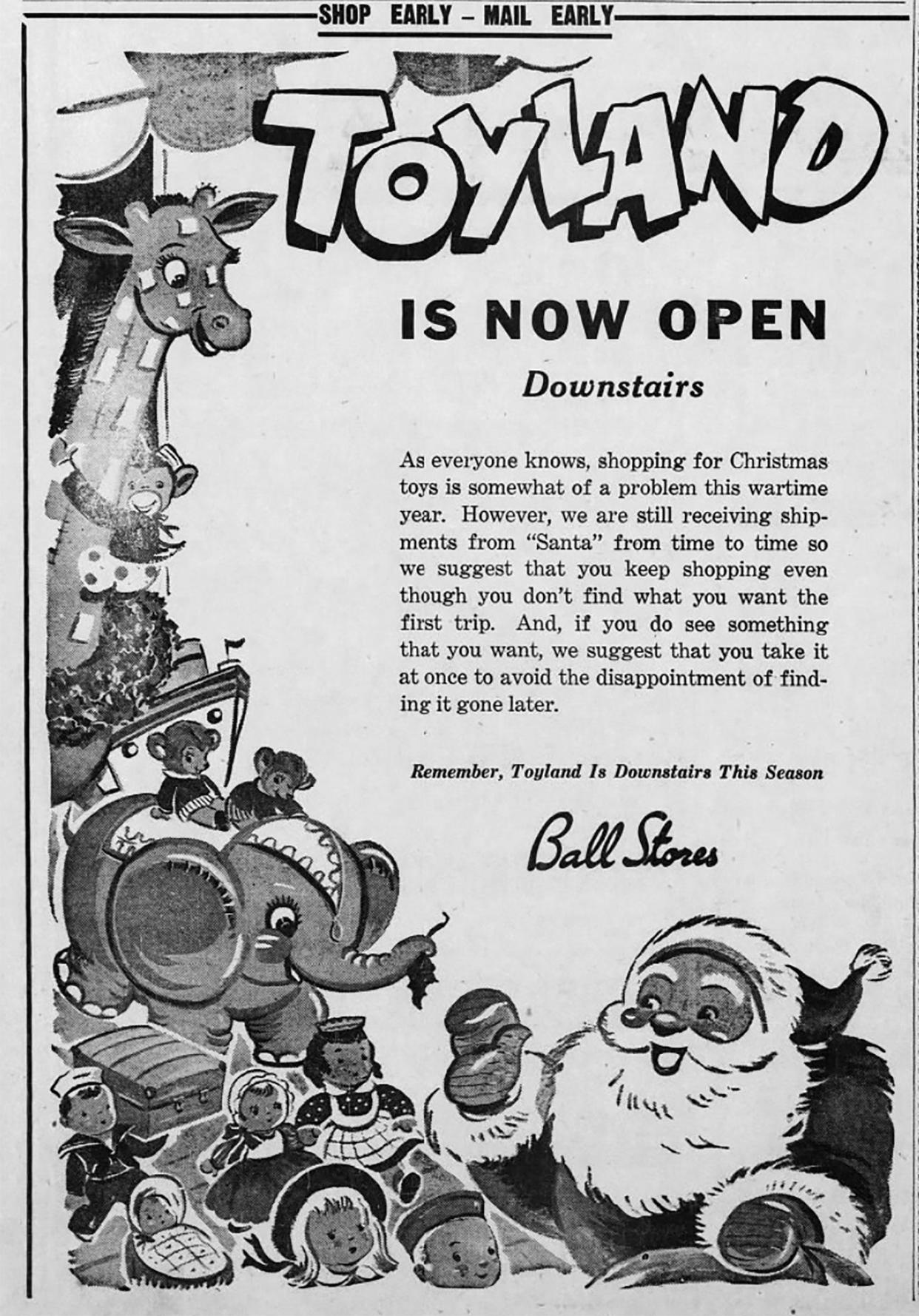Ball Stores ad in the Muncie Evening Press, Thursday, Nov. 25, 1943.
