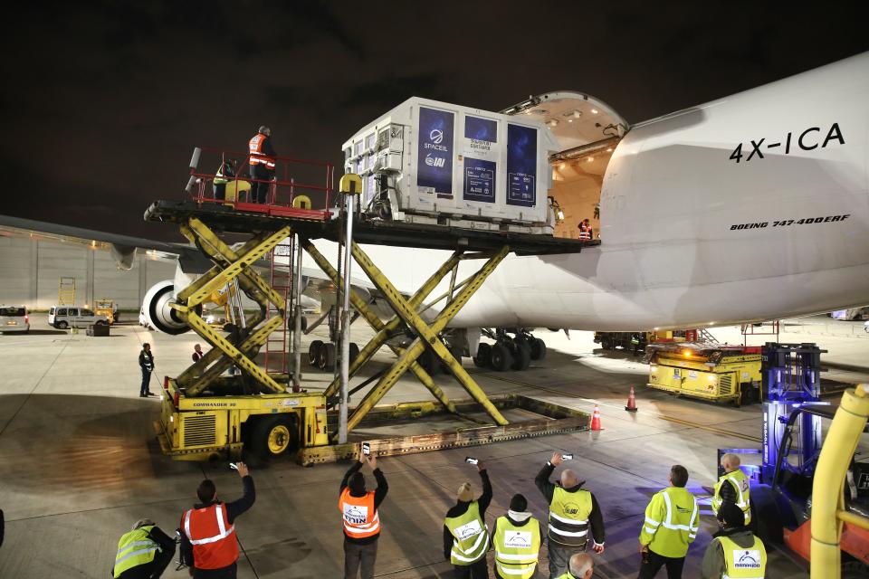 Israel's first lunar lander is loaded into a Boeing 747 at Ben Gurion Airport before its flight to Orlando International Airport on Friday, Jan. 18, 2019.