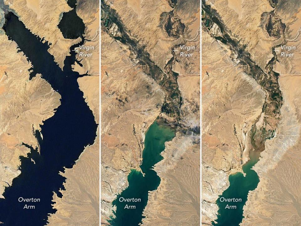 Images from 2020, 2021 and 2022 of Lake Mead taken by Nasa’s Landsat satellites (NASA Earth Observatory)