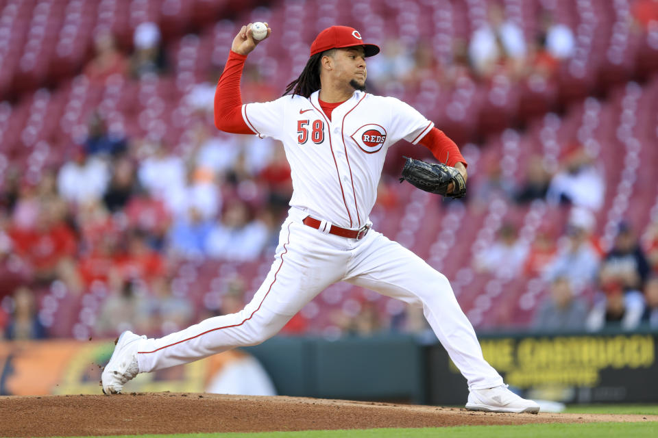 Cincinnati Reds' Luis Castillo throws during the first inning of a baseball game against the Milwaukee Brewers in Cincinnati, Monday, May 9, 2022. (AP Photo/Aaron Doster)