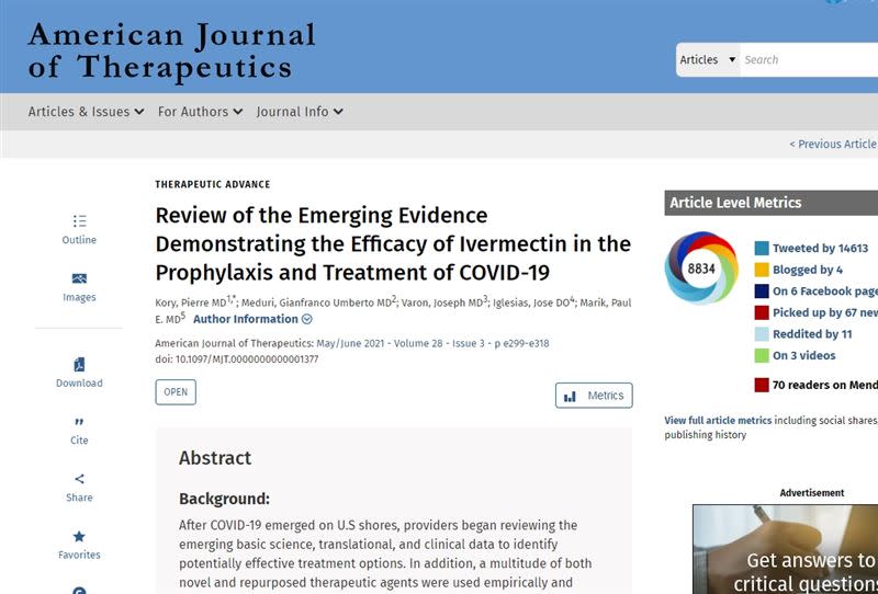 有文章講述「伊維菌素」能抑制新冠疫情。（圖／翻攝自journals.lww.com）