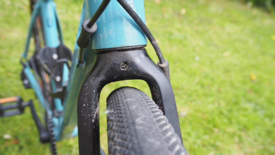 Close up of a budget gravel bike front end