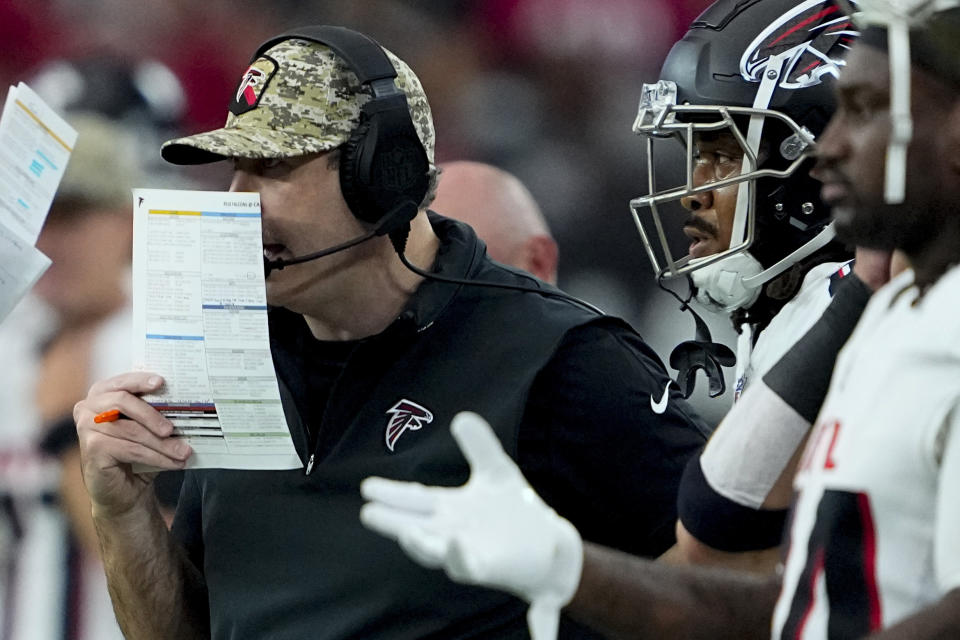 Atlanta Falcons head coach Arthur Smith speaks during the first half of an NFL football game against the Arizona Cardinals, Sunday, Nov. 12, 2023, in Glendale, Ariz. (AP Photo/Matt York)