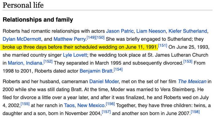 Julia Roberts' Wikipedia page's section on her relationships
