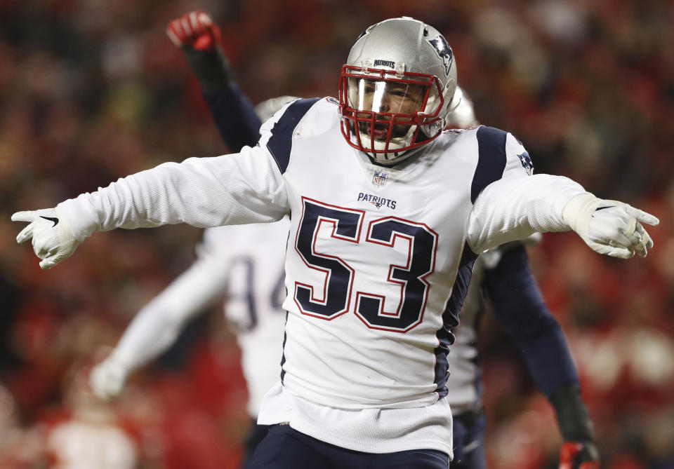 New England Patriots middle linebacker Kyle Van Noy (53) celebrates after sacking Kansas City Chiefs quarterback Patrick Mahomes during the first half of the AFC Championship NFL football game, Sunday, Jan. 20, 2019, in Kansas City, Mo. (AP Photo/Jeff Roberson)
