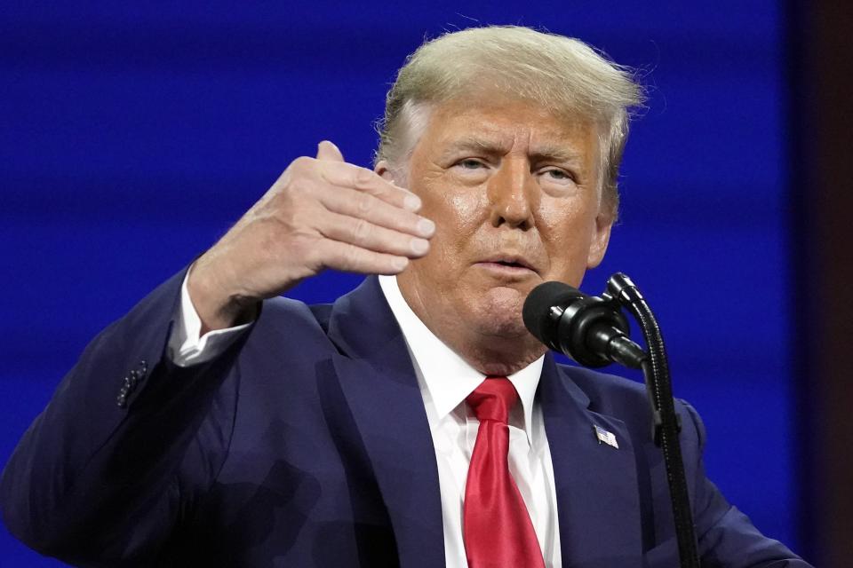 Former president Donald Trump speaks at the Conservative Political Action Conference (CPAC) Sunday, Feb. 28, 2021, in Orlando, Fla. (AP Photo/John Raoux)