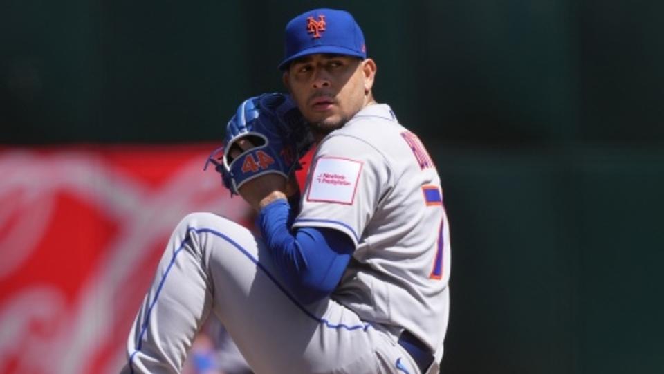 New York Mets starting pitcher Jose Butto (70) throws a pitch against the Oakland Athletics during the first inning at RingCentral Coliseum