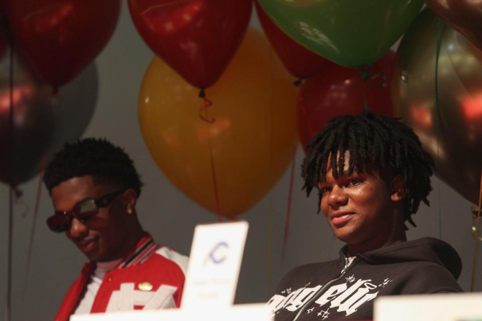 Machi Simmons celebrates on National Signing Day for signing with Palm Beach State College, Wednesday, Feb. 7, 2024, at Vero Beach High School.