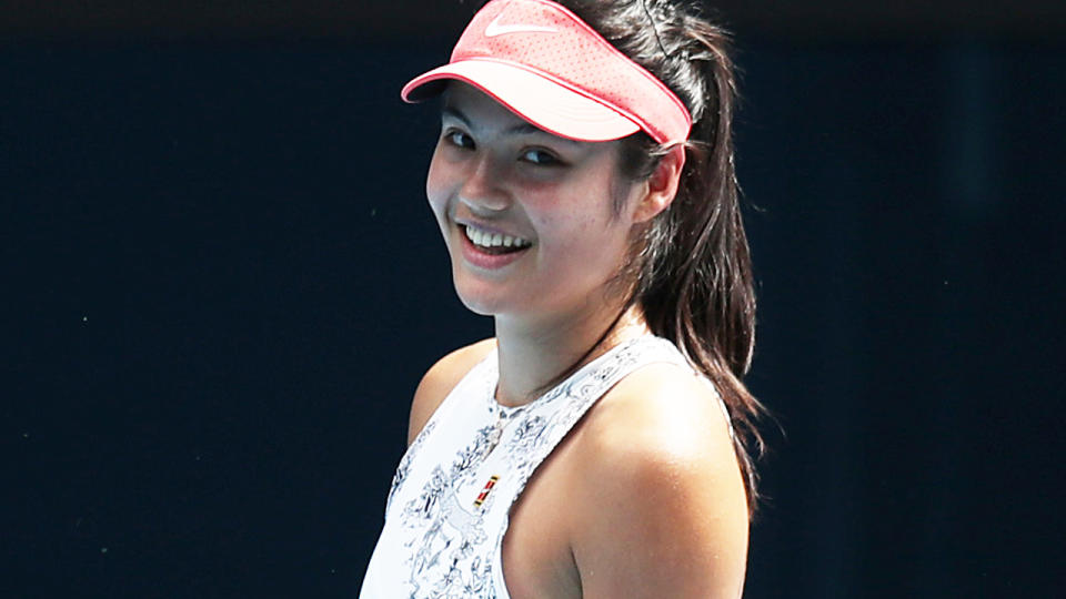 Emma Raducanu, pictured here during a practice session on Rod Laver Arena at Melbourne Park.