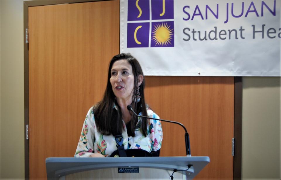 U.S. Rep. Teresa Leger Fernandez talks about the $1.1 million federal appropriation San Juan College has received to build a new student health center during an April 11 press conference at the school's Cultural Center.