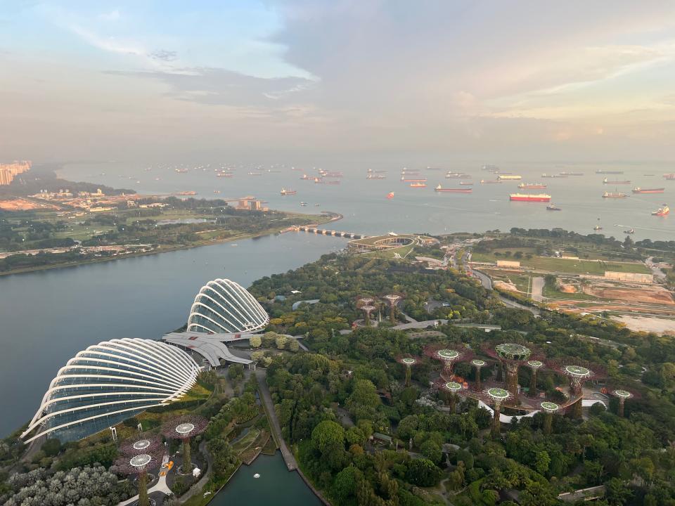 View of the south china sea and gardens by the bay from the observation deck.