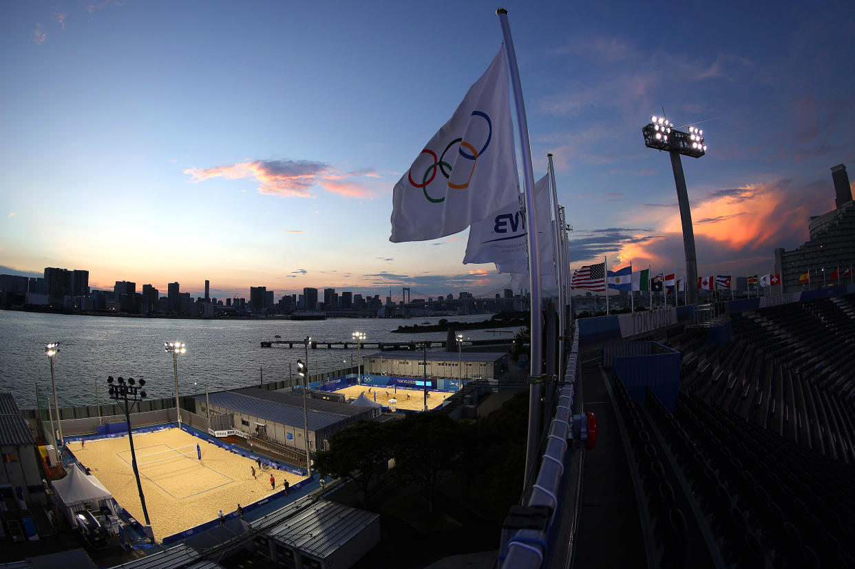 TOKYO, JAPAN - JULY 22:  A general view of practice courts of Shiokaze Park and Tokyo Bay as Team China Women's Beach Volleyball team practices prior to the Tokyo 2020 Olympic Games on July 22, 2021 in Tokyo, Japan. (Photo by Sean M. Haffey/Getty Images)