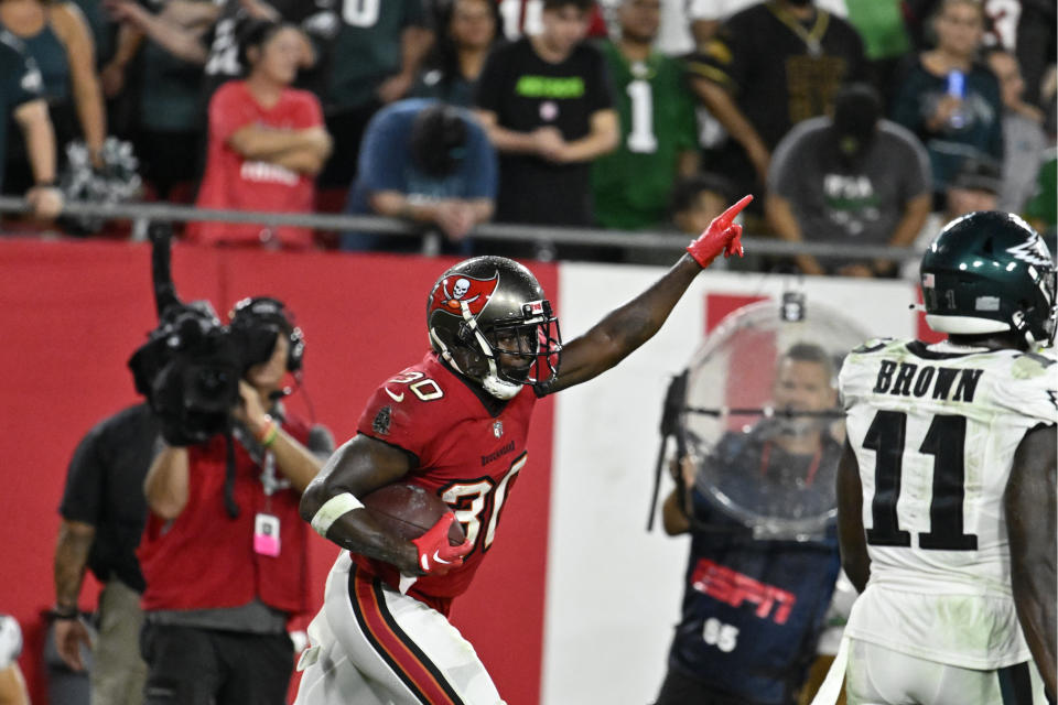 Tampa Bay Buccaneers' Dee Delaney reacts after an interception during the second half of an NFL football game against the Philadelphia Eagles, Monday, Sept. 25, 2023, in Tampa, Fla. (AP Photo/Jason Behnken)