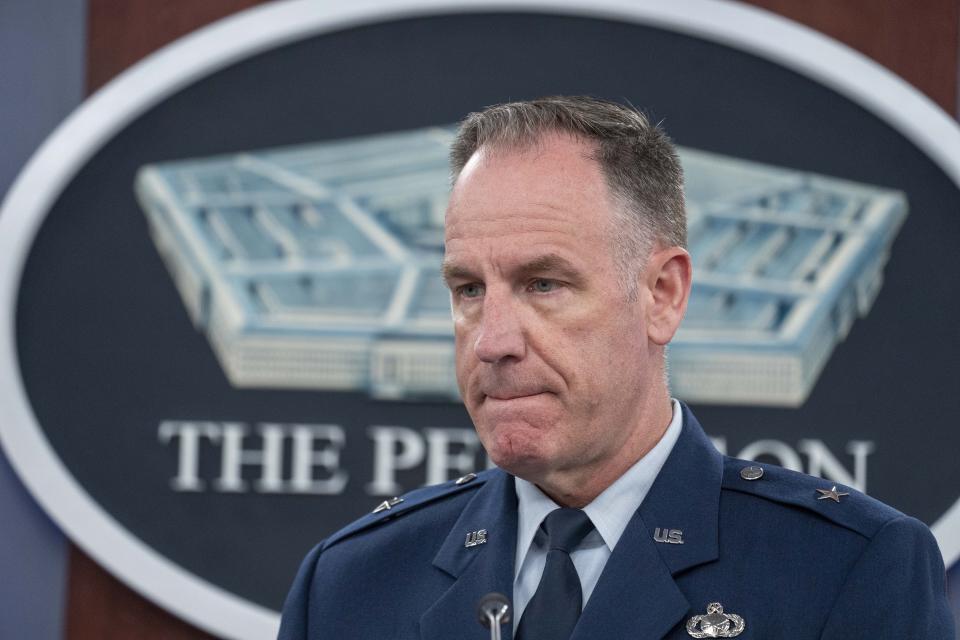 Pentagon spokesman U.S. Air Force Brig. Gen. Patrick Ryder pauses while speaking during a media briefing at the Pentagon, Thursday, July 6, 2023, in Washington. (AP Photo/Alex Brandon)