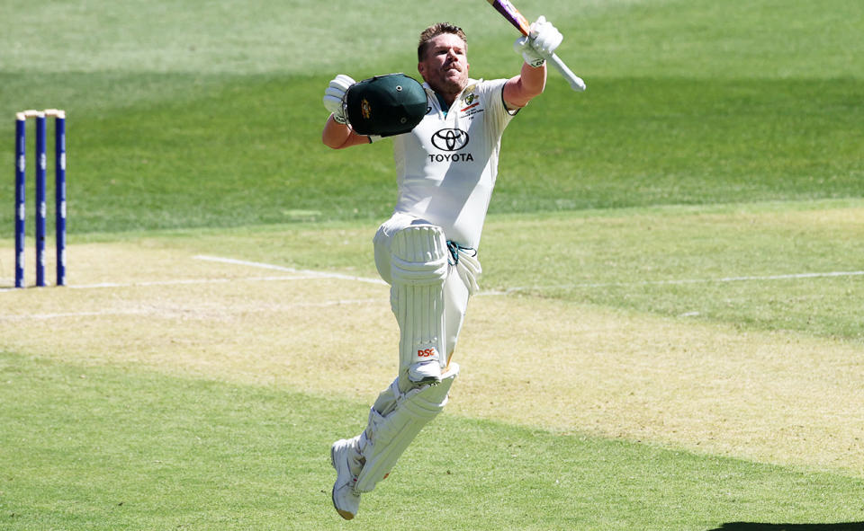 David Warner, pictured here after bringing up his century in the first Test against Pakistan.