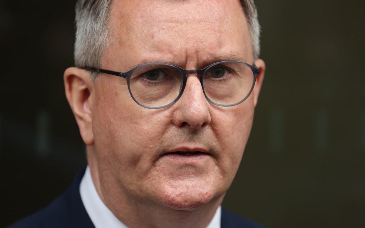 Sir Jeffrey Donaldson, the DUP leader, is pictured in Belfast, Northern Ireland, today - Liam McBurney/PA