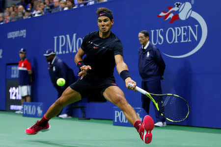 Tennis - US Open - Semifinals - New York, U.S. - September 8, 2017 - Rafael Nadal of Spain in action against Juan Martin del Potro of Argentina. REUTERS/Mike Segar