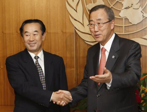 UN leader Ban Ki-moon pressed for more cooperation when he met North Korea's vice-foreign minister, Pak Gil-yon (L), in New York last month