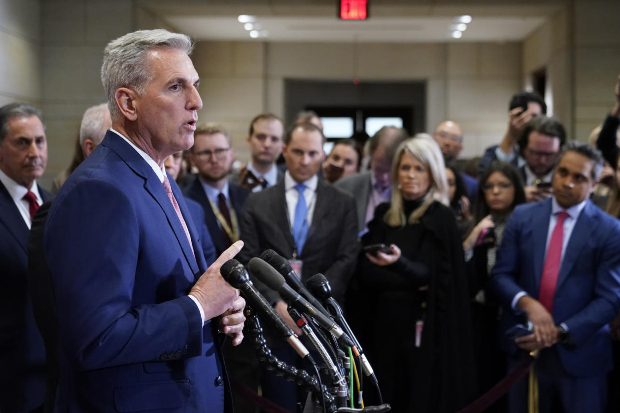 House Minority Leader Kevin McCarthy of Calif., speaks with journalists after winning the House Speaker nomination at a House Republican leadership meeting, Tuesday, Nov. 15, 2022, on Capitol Hill in Washington. (AP Photo/Patrick Semansky)