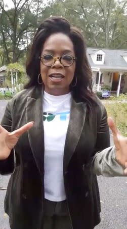 Oprah Winfrey speaks during a trip to Georgia to help canvas for Democratic gubernatorial candidate Stacey Abrams, Georgia, U.S., November 1, 2018, in this still image taken from video obtained from social media. Stacey Abrams/via REUTERS