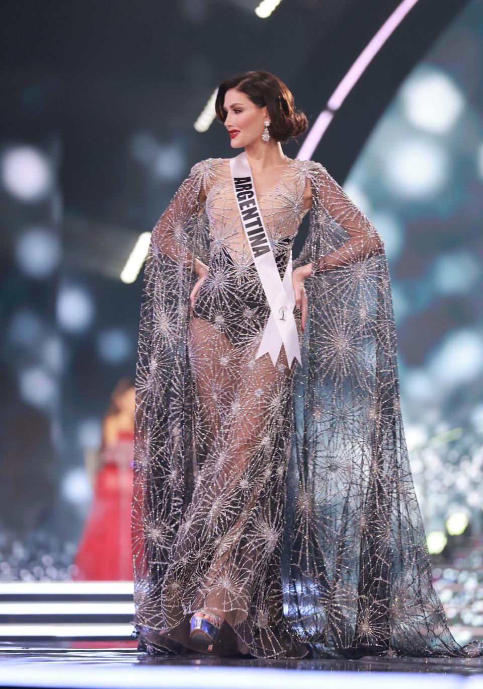 Miss Argentina poses in an evening gown at the 2021 Miss Universe competition.