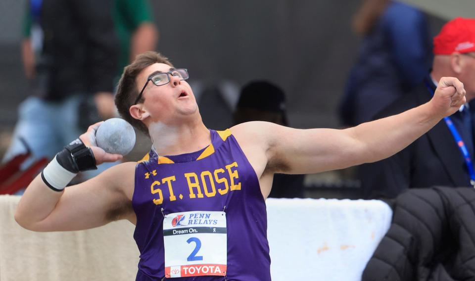 St. Rose Joshua Huisman competes in Shot Put at Penn Relays. Day one of Penn Relays in Philadelphia, Pa. On April 27, 2023.