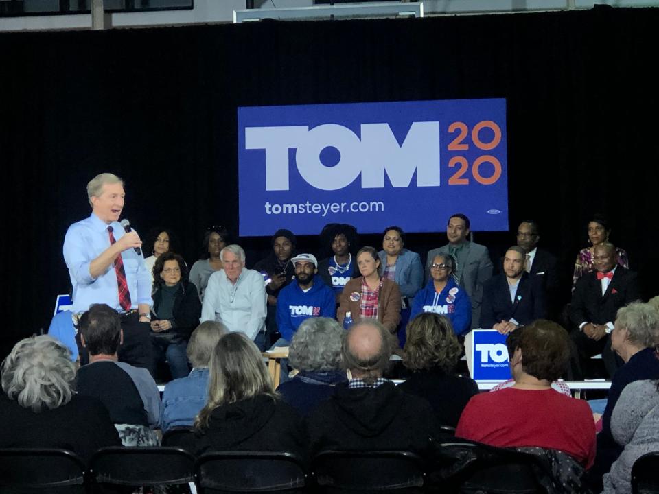 Democratic presidential candidate Tom Steyer campaigns at the Freedom Center in Rock Hill, SC on Feb. 10, 2020.