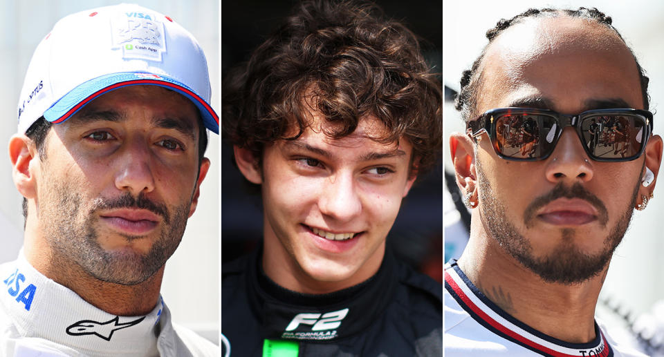 Pictured L-R: Daniel Ricciardo, Andrea Kimi Antonelli, Lewis Hamilton