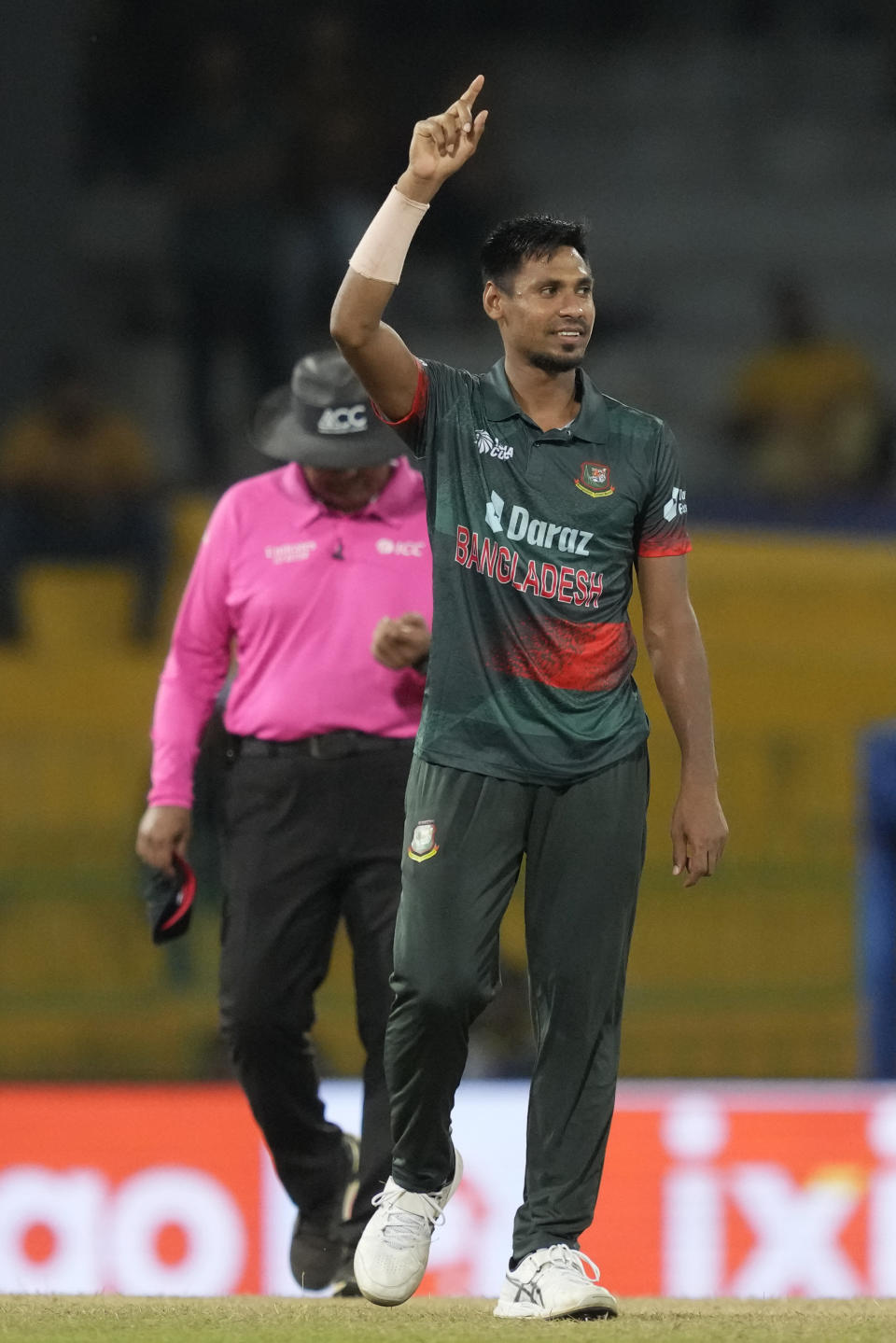 Bangladesh's Mustafizur Rahman celebrates the wicket of India's Shardul Thakur during the Asia Cup cricket match between Bangladesh and India in Colombo, Sri Lanka, Friday, Sept.15, 2023. (AP Photo/Eranga Jayawardena)