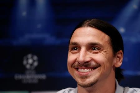 Paris St Germain's Zlatan Ibrahimovic addresses at a news conference at the Parc des Princes stadium in Paris, April 1, 2014. REUTERS/Gonzalo Fuentes/File Photo