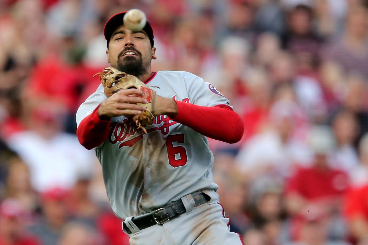 Anthony Rendon, shown earlier this season,  injured his hamstring in Saturday's game against the Reds and wasn't expected to be available for Sunday's game.