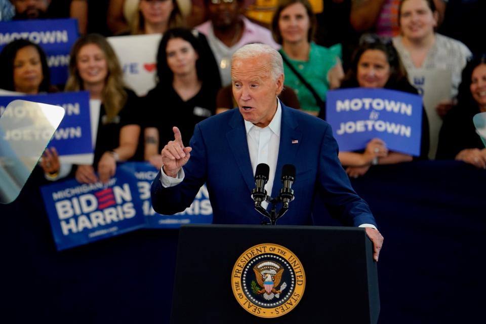 President Joe Biden delivers a fiery speech at Detroit’s Renaissance High School on Friday, July 12, 2024.