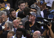 <p>Golden State Warriors forward Kevin Durant celebrates after defeating the Cleveland Cavaliers in game five of the 2017 NBA Finals at Oracle Arena. Mandatory Credit: Kyle Terada-USA TODAY Sports </p>